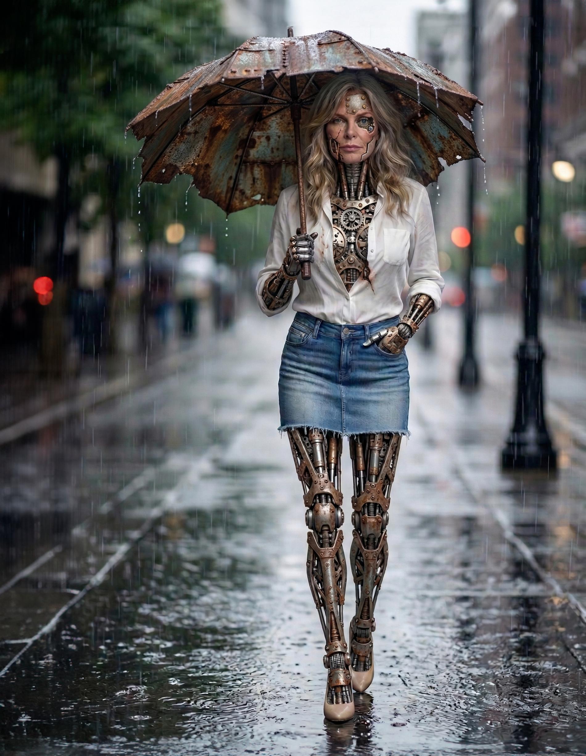 A robot walk in the rain